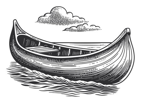 Detailed vintage engraving of a rowboat on water with a serene sky. The artwork showcases intricate line work, perfect for nautical-themed projects or decor.のイラスト素材