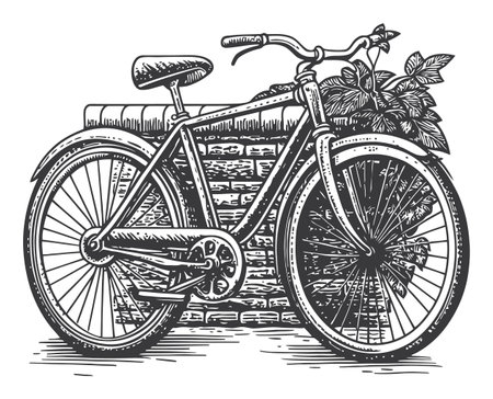 A detailed black and white vintage bicycle engraving with a plant backdrop, showcasing classic design elements and artistic craftsmanship ideal for illustrative projects.のイラスト素材