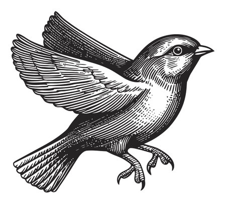 This intricate vector engraving of a bird in flight showcases fine details in feathers and wings, perfect for nature-themed projects and artistic designs.のイラスト素材