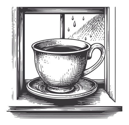 This vintage engraving features a coffee cup sitting on a saucer by a window. Rain drops add to the cozy atmosphere, ideal for illustrating warmth and comfort.のイラスト素材