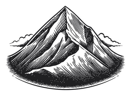 Vintage-style mountain engraving featuring textured details and clouds. Perfect for nature-themed design projects, this artwork embodies rugged beauty and adventure.のイラスト素材