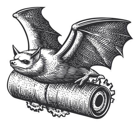 This vintage-style engraving features a bat soaring on a rolling pin, showcasing a detailed linocut design ideal for unique artwork and themed decoration.のイラスト素材
