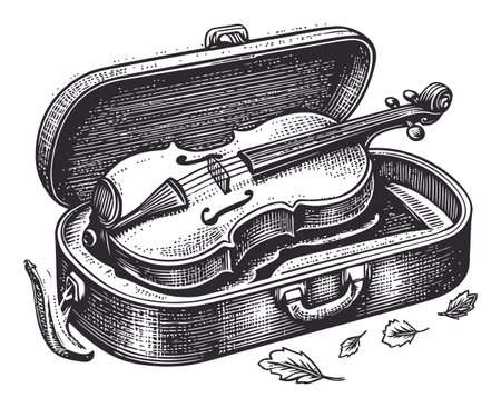 Illustrated engraving of a violin in a case surrounded by leaves, highlighting its artistry and craftsmanship. Perfect for music and vintage themes.のイラスト素材