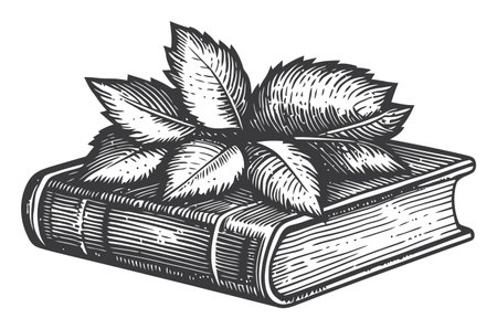 This vintage engraving showcases an open book adorned with lush leaves, blending literary and natural elements, perfect for artistic and educational themes.のイラスト素材