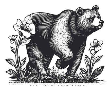 Engraved bear standing among intricate flowers, showcasing detailed line work. This black and white illustration captures the essence of wildlife art, ideal for nature lovers.のイラスト素材