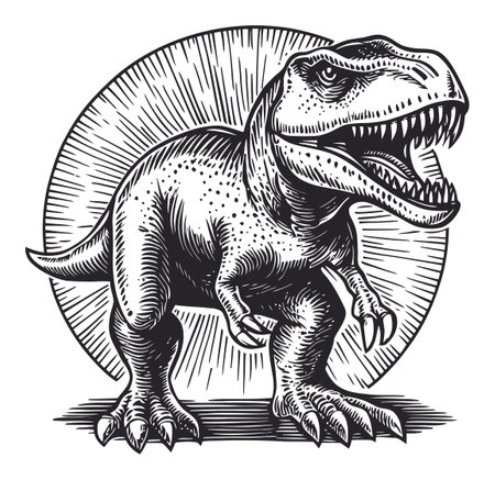 This striking linocut style engraving features a detailed dinosaur illustration showcasing a powerful T-rex in a bold, vintage design.のイラスト素材