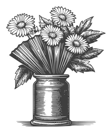 This vintage engraving showcases a beautiful arrangement of daisies in a decorative vase, highlighting intricate details in a classic black and white style.のイラスト素材