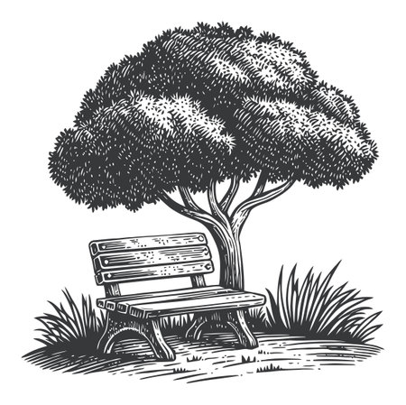 A stunning black and white engraving illustrating a bench nestled under a lush tree, perfect for nature lovers seeking tranquility and peace.のイラスト素材