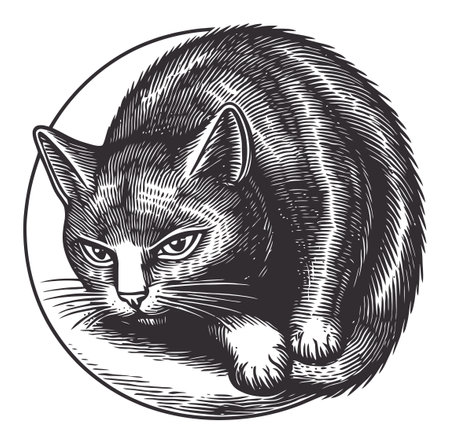 Explore a captivating linocut engraving of a cat, featuring detailed fur and expressive features in a striking circular design, perfect for art enthusiasts.のイラスト素材