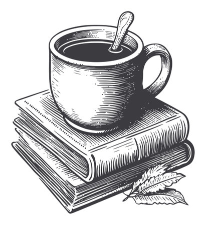 A finely detailed vintage engraving of a coffee cup resting on stacked books, accompanied by a leaf. Perfect for cozy vintage-themed designs or literary inspiration.のイラスト素材