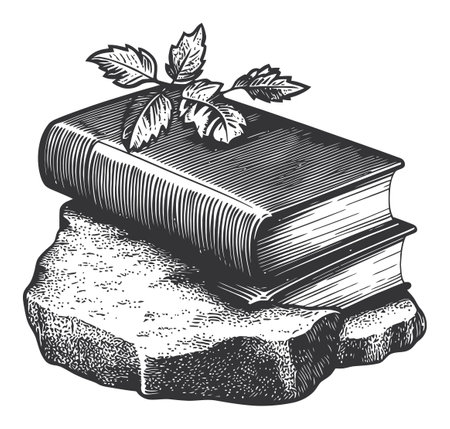 This vintage engraving features a book resting on a stone with a leaf sprouting, symbolizing knowledge and nature's beauty. Perfect for artistic projects.のイラスト素材