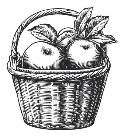 This intricate engraving showcases two apples nestled in a woven basket, surrounded by leaves. Ideal for themes of harvest, nature, and vintage design.のイラスト素材