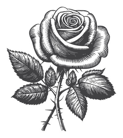 This artwork features a beautifully detailed engraving of a classic rose, showcasing intricate leaves and thorns in a vintage style. Ideal for diverse design projects.のイラスト素材