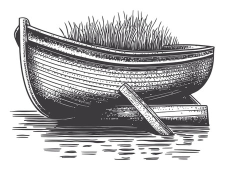 This detailed engraving showcases a vintage boat resting on water, adorned with grass, capturing a serene outdoor scene rich in craftsmanship and tranquility.のイラスト素材