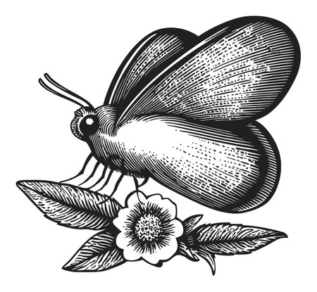 This intricate engraving features a butterfly perched on a delicate flower, showcasing fine details and vintage style. Perfect for art and nature enthusiasts.のイラスト素材