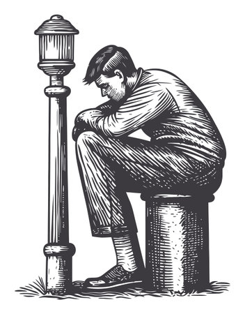 This intricate engraving showcases a man in deep thought, seated by a vintage lamp post. The detailed lines and shadows evoke a powerful sense of solitude and reflection.のイラスト素材