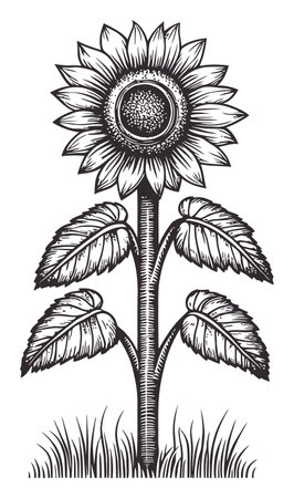 A finely detailed engraving of a sunflower featuring prominent leaves and grass. This classic design highlights the beauty of nature and botanical art.のイラスト素材