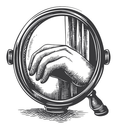 A captivating engraving or linocut featuring a hand reflected in a classic oval vintage mirror, showcasing fine details and artistic expression, perfect for decor.のイラスト素材