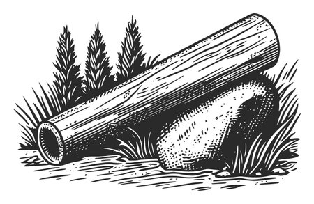 This detailed engraving showcases a log resting on a rock, set in a lush natural environment. Perfect for nature-themed projects or rustic aesthetics.のイラスト素材
