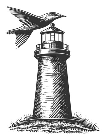 A stunning black and white engraving showcasing a lighthouse with a bird flying above, capturing the essence of coastal beauty and nautical design.のイラスト素材