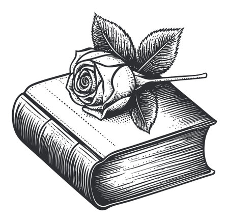 Intricately detailed engraving of a rose resting on a vintage book, showcasing classic linocut techniques. Perfect for artistic and literary themes.のイラスト素材