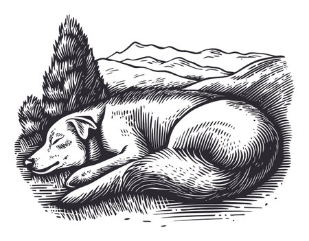 Unique engraving-style illustration of a sleeping dog in a serene nature scene, featuring mountains and trees, emphasizing relaxation and tranquility.のイラスト素材