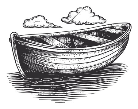 This intricate engraving features a traditional boat resting on calm water, under fluffy clouds. Perfect for nautical themes and vintage designs.のイラスト素材