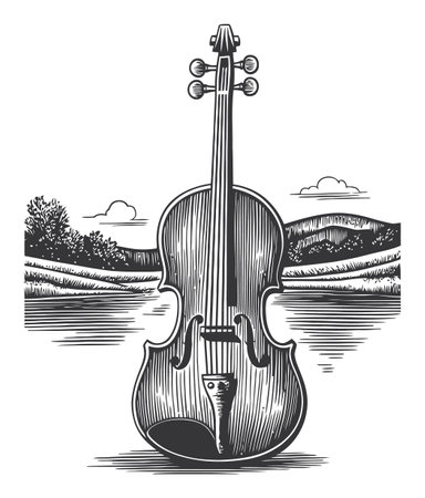 This vintage engraving features a beautiful violin set against a tranquil landscape, showcasing intricate detailing and artistic craftsmanship in a black and white format.のイラスト素材