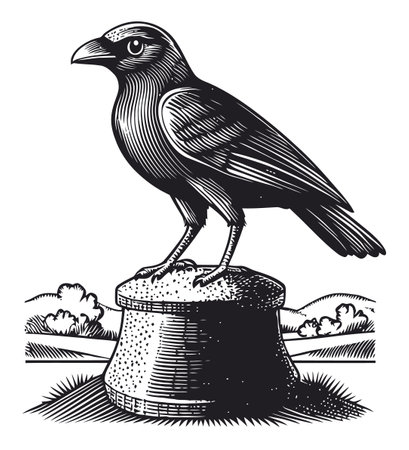 Explore a stunning linocut engraving of a bird perched on a pedestal, showcasing intricate details and bold contrasts in black and white. Perfect for art lovers.のイラスト素材