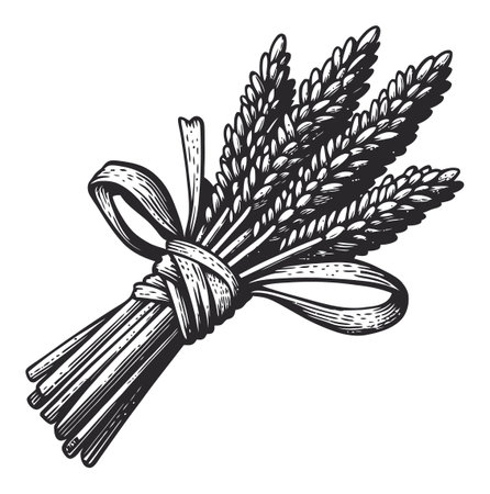 This detailed hand-drawn engraving showcases a bundle of wheat tied with a bow. Ideal for agricultural themes, vintage designs, or rustic decor.のイラスト素材