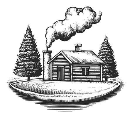 Detailed engraving of a rustic cabin with a smoky chimney set among tall pine trees. This artwork captures the essence of serene countryside living.のイラスト素材