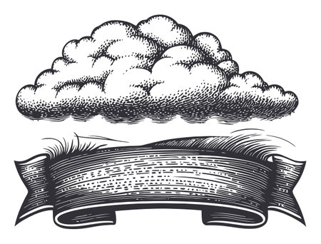 Detailed engraving of a cloud above a ribbon, ideal for vintage graphic design. Perfect for decorations or backgrounds in various creative projects.のイラスト素材