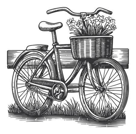 Detailed vintage engraving of a classic bicycle with a basket of flowers, set against a scenic outdoor backdrop. Ideal for nature lovers and art enthusiasts.のイラスト素材