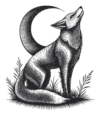 Stunning engraving of a fox howling at a crescent moon, surrounded by grass. This intricate artwork combines nature and wildlife elements, perfect for various creative projects.のイラスト素材