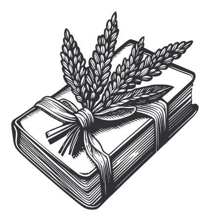 This vintage engraving features a book tied with a bundle of wheat stalks, symbolizing knowledge and harvest. Perfect for agricultural and literary themes.のイラスト素材