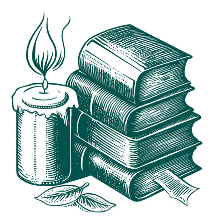 This vintage engraving features a stack of books beside a lit candle, creating a cozy ambiance perfect for book lovers and creative projects.のイラスト素材