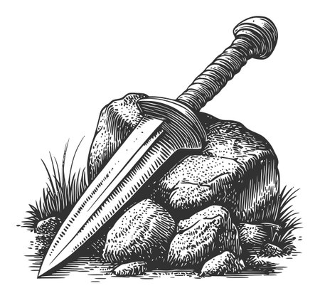 A captivating engraving of a sword resting on a rock, surrounded by grass. This detailed artwork showcases intricate lines and textures, ideal for various creative projects.のイラスト素材