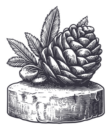 This artwork features a detailed black and white engraving of a pinecone resting on a wooden base, highlighting natural elements with exquisite texture and simplicity.のイラスト素材