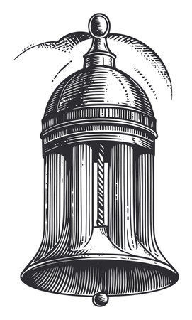 This vintage-style illustration features a detailed engraving of a decorative bell, showcasing fine lines and artistic craftsmanship. Perfect for design projects.のイラスト素材