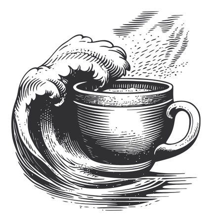 A striking vintage engraving depicting a coffee cup amidst dynamic waves. This black and white illustration captures energy and tranquility, perfect for art lovers.のイラスト素材