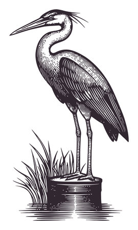 This detailed engraving features a heron standing elegantly on a log in a tranquil environment. The black and white design captures the beauty of nature.のイラスト素材