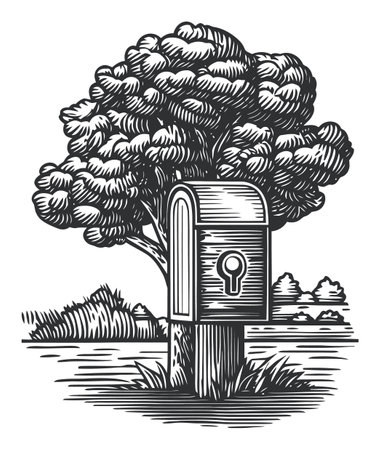 A detailed engraving of a vintage mailbox standing by a lush tree in a scenic landscape, designed in black and white, perfect for artistic displays.のイラスト素材
