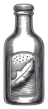 A vintage bottle illustration featuring a beautifully engraved feather design. This black and white line art showcases a classic retro style perfect for diverse creative projects.のイラスト素材