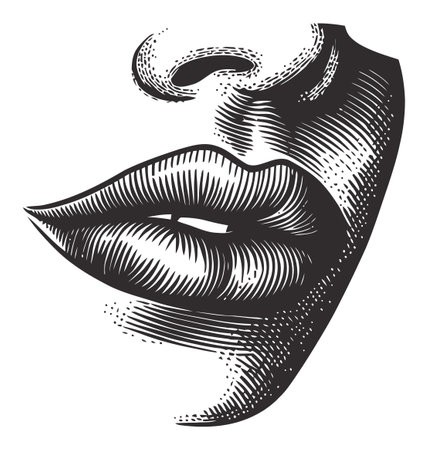 This captivating engraving features a stylish representation of lips in linocut style, showcasing intricate line work and vintage aesthetics, ideal for art enthusiasts.のイラスト素材