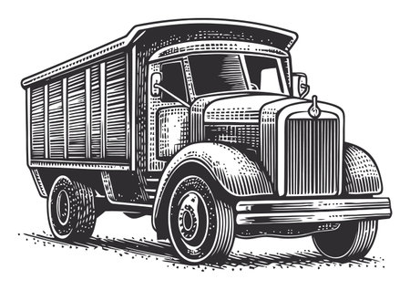 This intricate vintage truck engraving showcases a classic vehicle design in black and white. Ideal for any project needing a nostalgic touch.のイラスト素材
