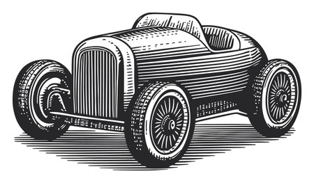 A detailed engraving of a vintage toy car, capturing its playful essence in a classic woodcut style. Ideal for crafts, prints, and design projects.のイラスト素材