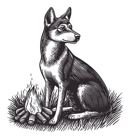 This detailed engraving illustration features a loyal dog sitting beside a campfire, showcasing warmth and companionship in a rustic outdoor setting.のイラスト素材
