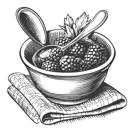 This vintage engraving features a bowl of fresh raspberries with a spoon, showcasing a rustic and artistic design perfect for culinary illustrations.のイラスト素材
