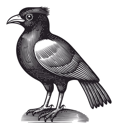 Unique bird engraving showcasing intricate details in black and white. Perfect for nature lovers and art enthusiasts seeking vintage-inspired designs.のイラスト素材