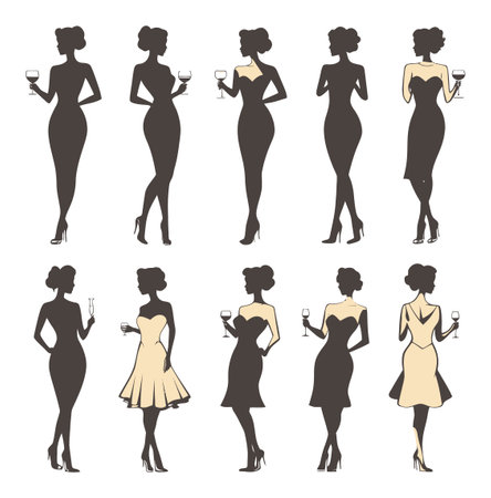 This collection features elegant silhouettes of women in fashionable poses, each holding a glass. Perfect for themes of beauty, celebration, and feminine style.のイラスト素材